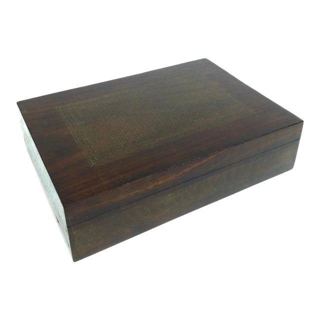 Vintage Large Mahogany Brass Inlaid Treasure Jewelry Box For Sale