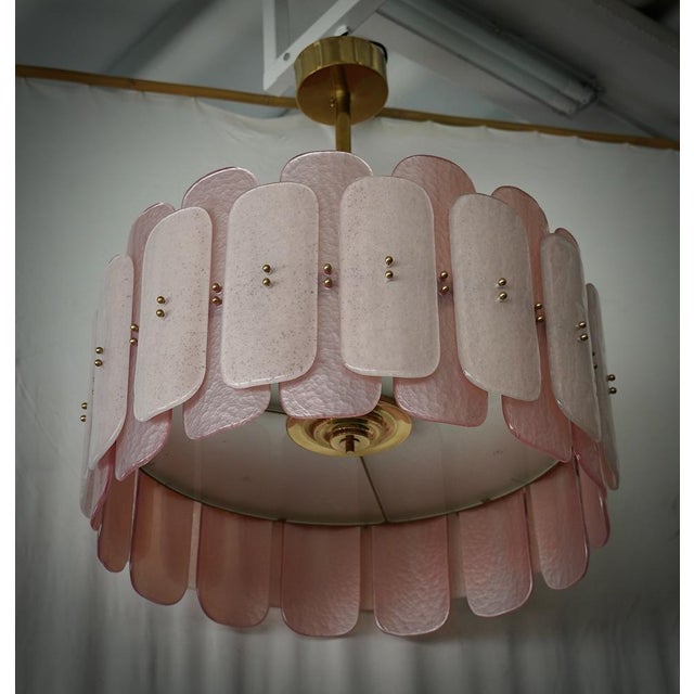 Mid-Century Round Pink Murano Glass and Brass Chandelier For Sale - Image 11 of 11