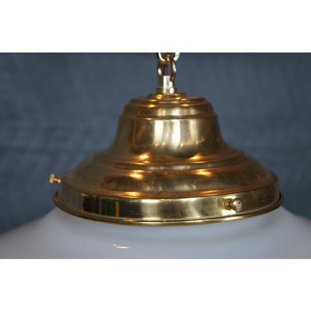 Late 20th Century Vintage Brass Milk Glass Schoolhouse Hanging Pendant Swag Light Chandelier For Sale - Image 5 of 12