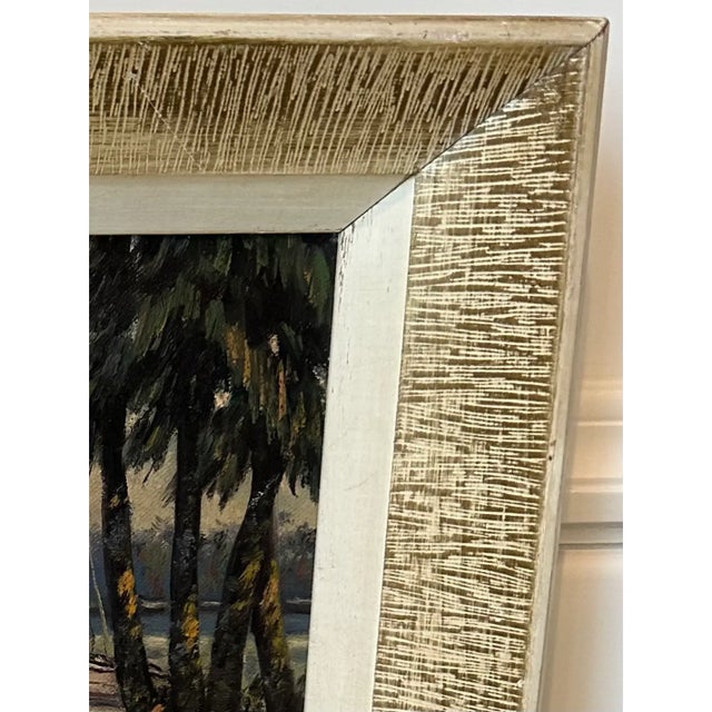 Vintage Mid-Century Signed Coastal Oil Painting With Palm Trees & Chickens For Sale - Image 13 of 15