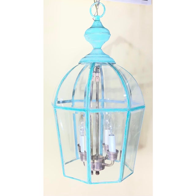 Turquoise Vintage Hexagonal Solid Brass Hanging Lantern / Dome Pendant Light For Sale - Image 8 of 17