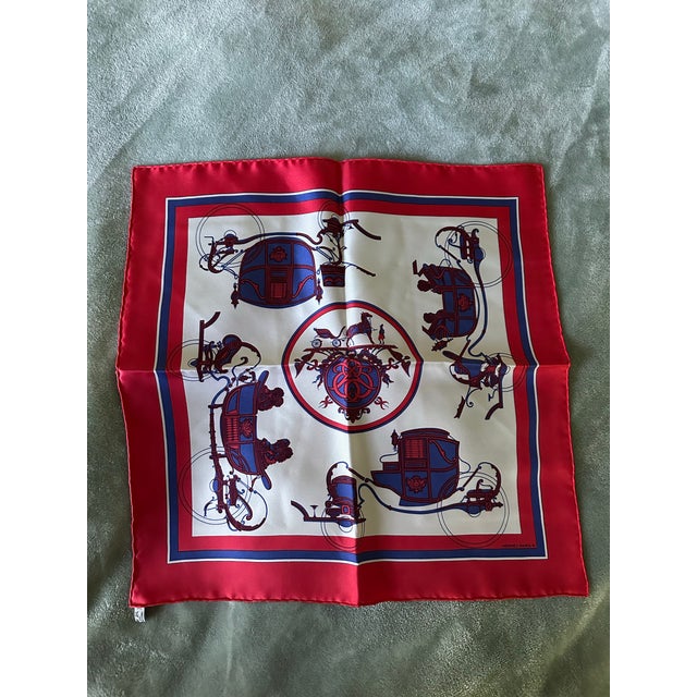 Red Vintage Hermès Paris 100% Silk Scarf 16x16 Red Blue Carriage Equestrian For Sale - Image 8 of 8
