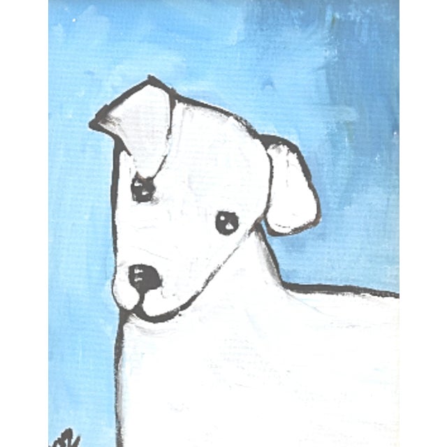 Abstract Folk Art Doggie Dog Puppy Oil Painting Including the Antiqued Gold Wood Frame For Sale - Image 3 of 5