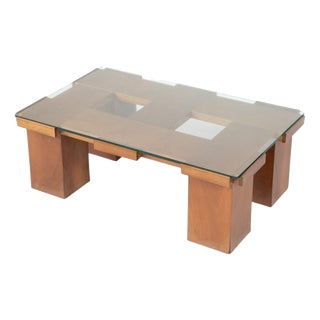 Mid-Century Modern Coffee Table with Grid Wood Pattern and Glass, Italy, 1960s For Sale