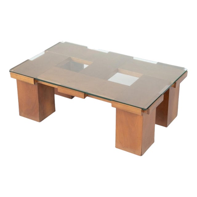 Mid-Century Modern Coffee Table with Grid Wood Pattern and Glass, Italy, 1960s For Sale
