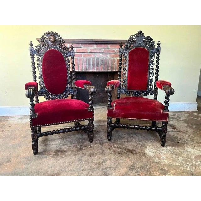 Pair Antique Italian Baroque Throne Walnut Velvet Armchairs. Well made, sturdy and comfortable. Red velvet upholstery is...