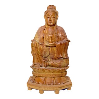 Vintage Intricate Hand Carved Wood Balinese Guanyin Buddha Statue Sculpture Art For Sale