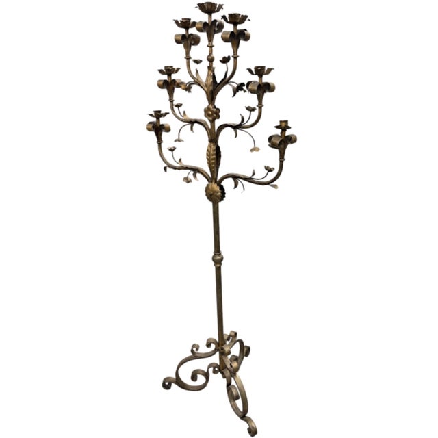 2000 - 2009 Vintage Florentine Style Gilt Wrought Iron Floor Candelabra For Sale - Image 5 of 12