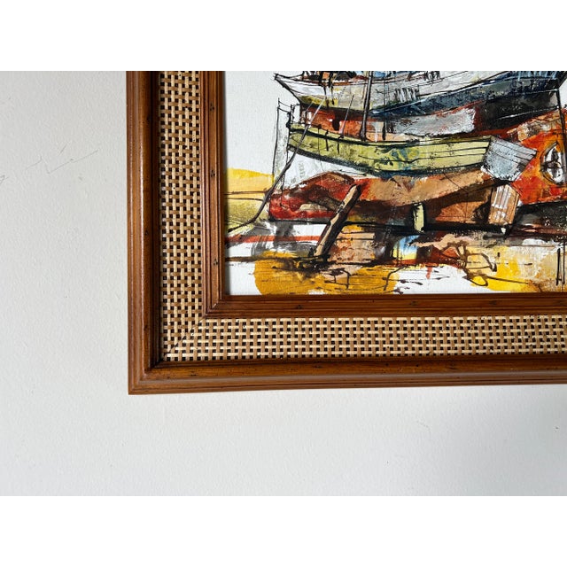 Brown Vintage Boat in Harbor Oil Painting, Signed For Sale - Image 8 of 12