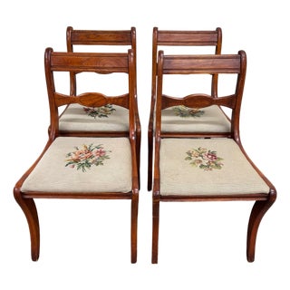 Antique Regency / Duncan Phyfe Style Needlepoint Upholstered Dining Side Chairs For Sale