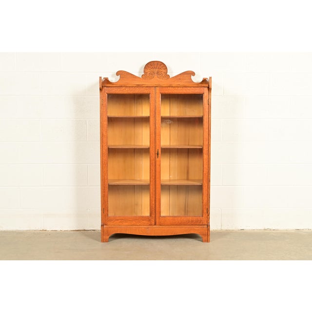 Antique Victorian Carved Oak Two-Door Bookcase Cabinet | Circa 1920s For Sale - Image 13 of 13