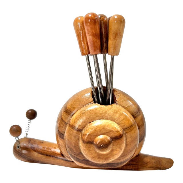 Mid Century Snail Cocktail Pick Set – Vintage Wood Snail Hors D’Oeuvres Picks, Barware & Charcuterie Set (6) For Sale