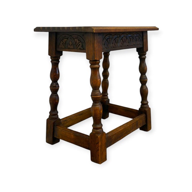Rustic Antique Welsh Carved Wooden Joint Stool Side Table With Turned Legs Uk Import For Sale - Image 3 of 8