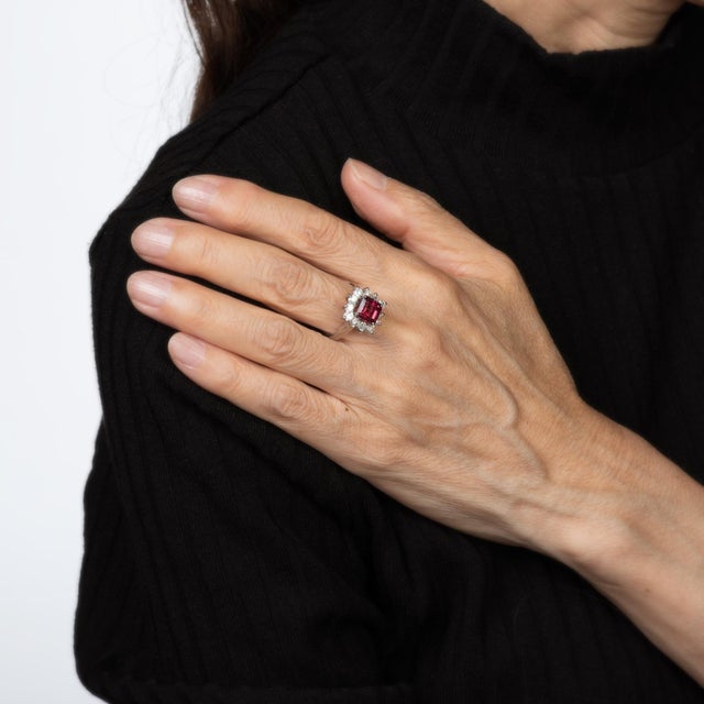 Pink Tourmaline Diamond Ring Platinum Sz 6 Emerald Cut Square Cocktail Jewelry For Sale In Los Angeles - Image 6 of 6