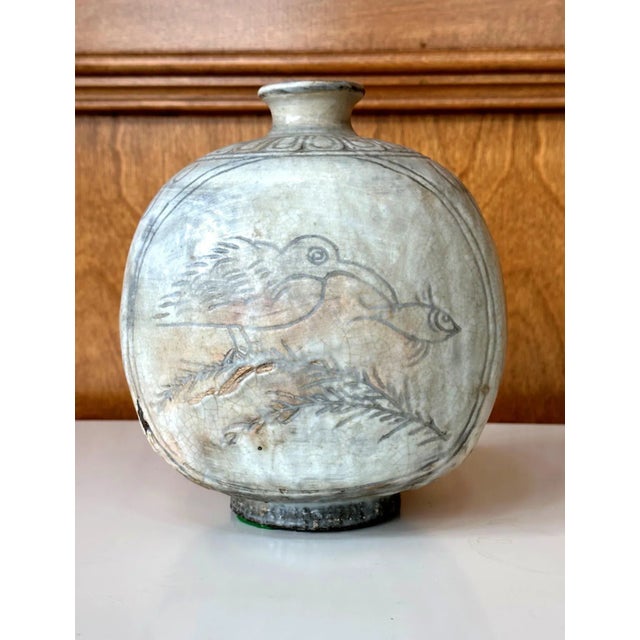 Gray Antique Korean Buncheong Flat Bottle Vase with Incised Designs For Sale - Image 8 of 12