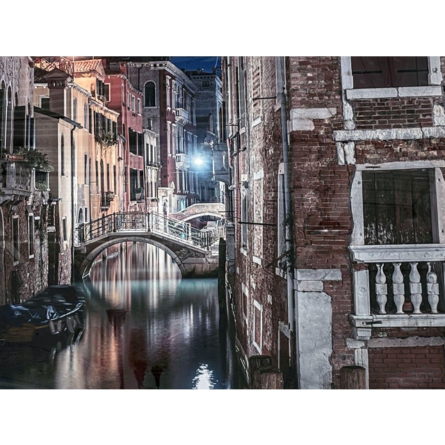 Breathtakingly beautiful highly detailed photograph of the Canals of Venice at night, applied to aluminum. Ready for...