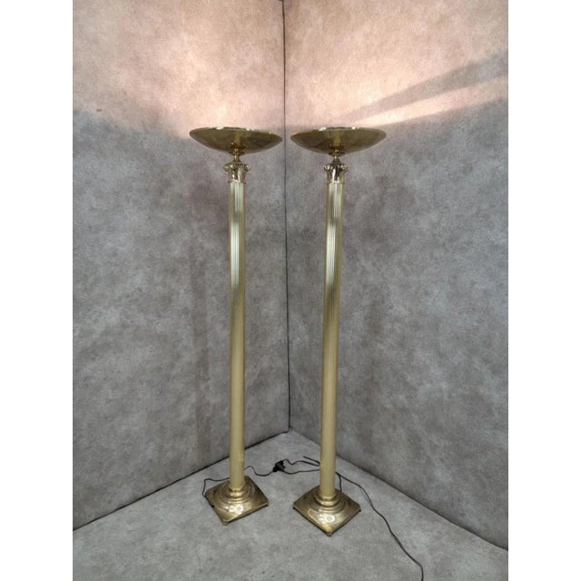 Metal Vintage Art Deco Rembrandt Brass Corinthian Column Torchiere Floor Lamp - Pair For Sale - Image 7 of 10