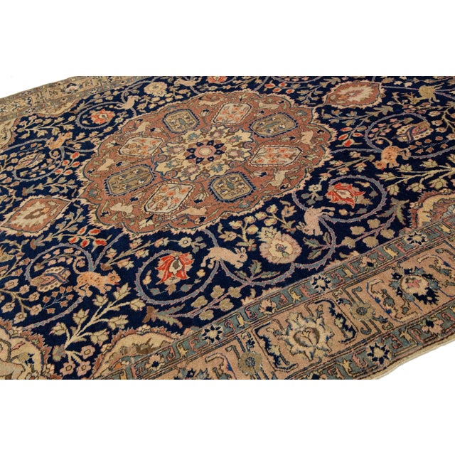 Medallion Antique Wool Rug Persian Tabriz in Navy Blue For Sale In New York - Image 6 of 9