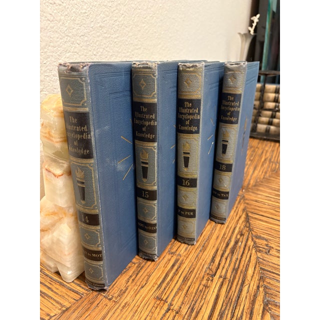 Navy Blue Vintage Monochromatic Silvery Blue/ Navy Encyclopedia Hardcover Stack - Set of 4 - Royal Octavo Format - Volumes 14-16 & 18 - Dark Academia Decor For Sale - Image 8 of 8