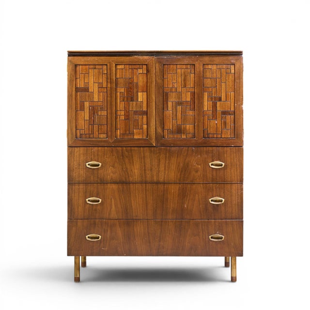 Bert England Mid Century Walnut and Brass Armoire This armoire measures: 37 wide x 20 deep x 49.5 inches high Fair Vintage...