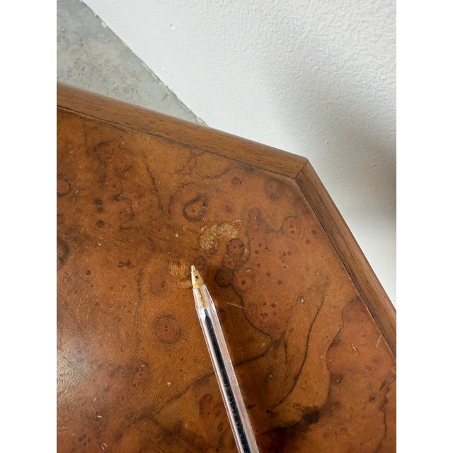 1970s Baker Furniture Regency Style Wooden Side Table With Octagonal Burlwood Top For Sale - Image 17 of 18