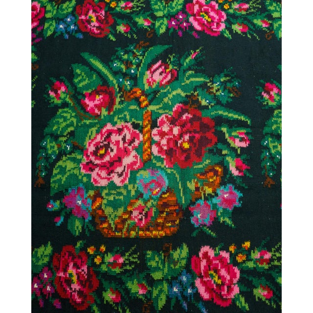 Beige Vintage Romanian-Moldovan Handwoven Wool Runner Rug with Floral Rose Basket Folk Pattern, 1970s For Sale - Image 8 of 11