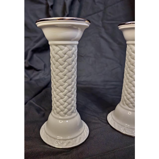 Lenox Lenox Set of Woven Candlesticks ~ Platinum Illuminations Collection ~ Bone China For Sale - Image 4 of 6