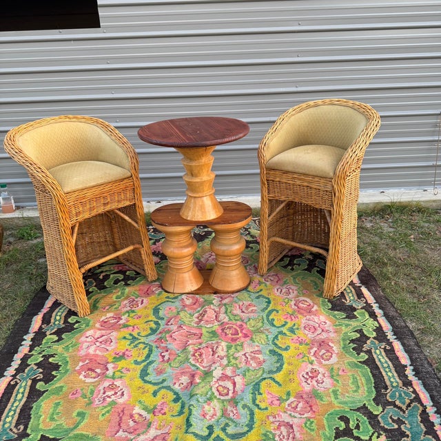 Tan Vintage Crespi Style Wicker Barstools and Wooden Drink Table- 3 Pieces For Sale - Image 8 of 12