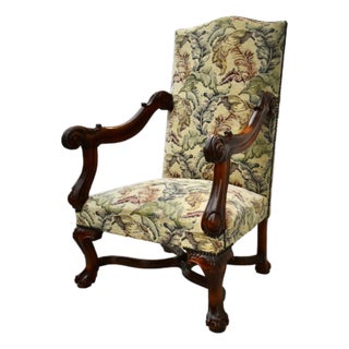 Vintage Renaissance Revival Style High Back Floral Print Chair W/Stretch Base For Sale
