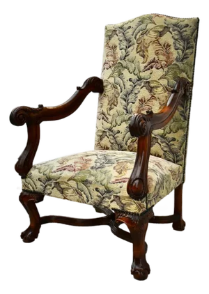 Vintage Renaissance Revival Style High Back Floral Print Chair W/Stretch Base