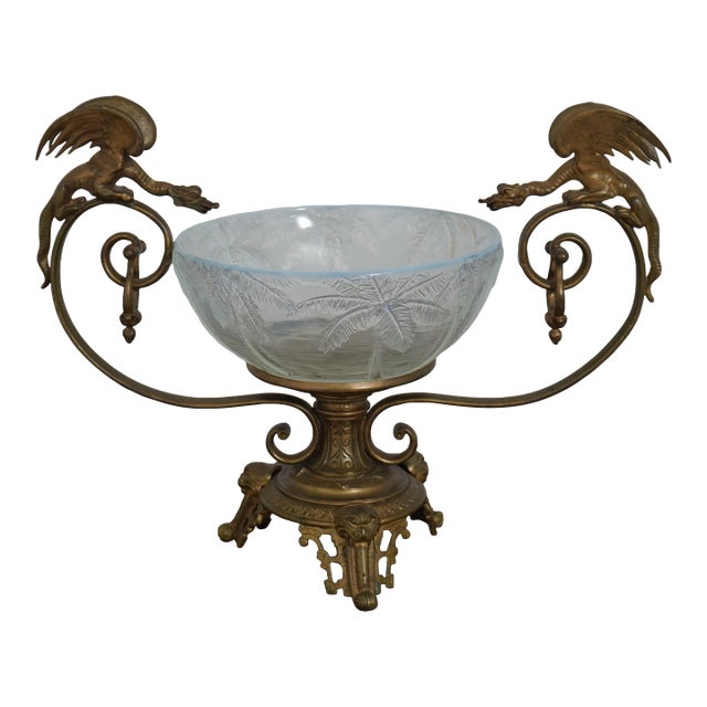 Victorian Era Bronze Winged Dragon Centerpiece W. Glass Bowl For Sale