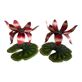 Vintage Red & Green Lotus Flower Lily Pad Hand Painted Tole Candle Holders For Sale