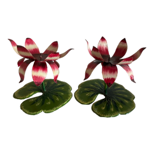Vintage Red & Green Lotus Flower Lily Pad Hand Painted Tole Candle Holders