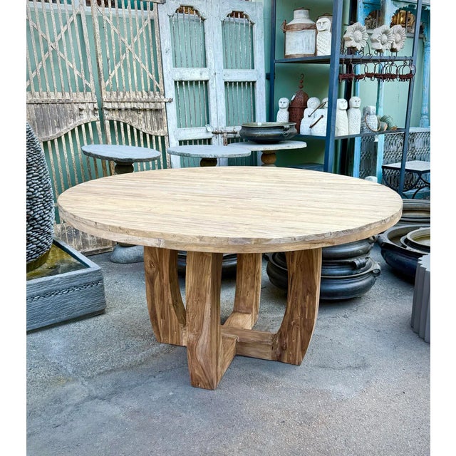 Tan Outdoor Round Teak Mod Dining Table For Sale - Image 8 of 8