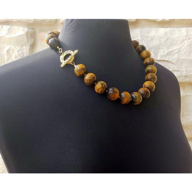 Metal Vintage Carved Tiger's Eye Necklace, Large Carved Natural Tiger Eye Beads, Sterling Silver Gold-Plated Clasp, Statement Necklace For Sale - Image 7 of 9