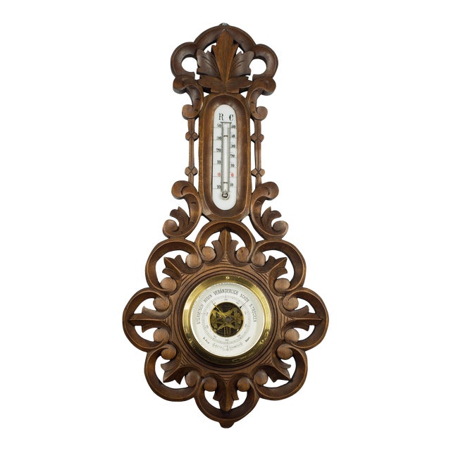 1893 Antique German Aneroid Barometer Thermometer by (g.l.). Hand-Carved Case and Glass Thermometer With Beveled Edges For Sale