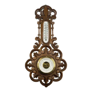 1893 Antique German Aneroid Barometer Thermometer by (g.l.). Hand-Carved Case and Glass Thermometer With Beveled Edges