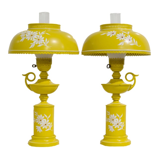 Mid Century Metal Lanterns Painted Yellow Table Lamps - A Pair For Sale