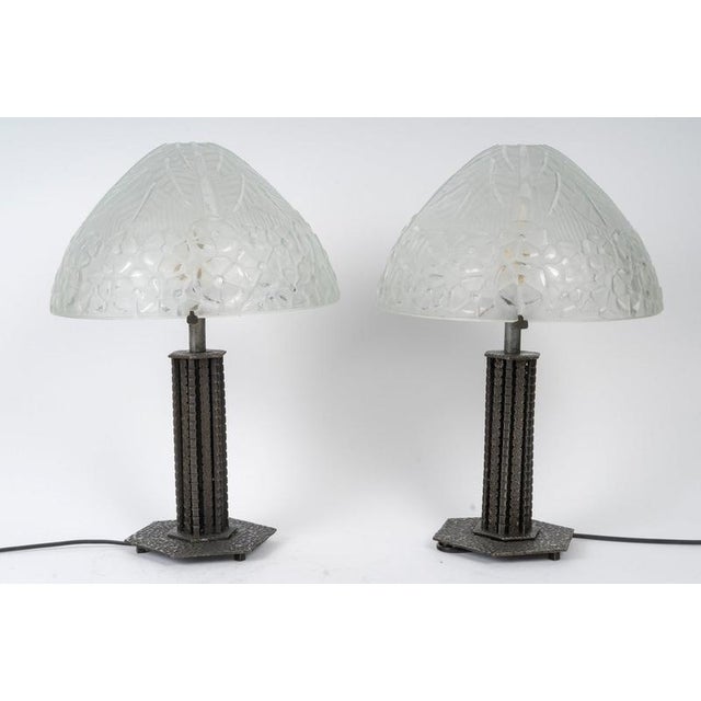 Vintage Art Deco Lamps in Wrought Iron and Molded Glass, 1930, Set of 2 For Sale - Image 10 of 11