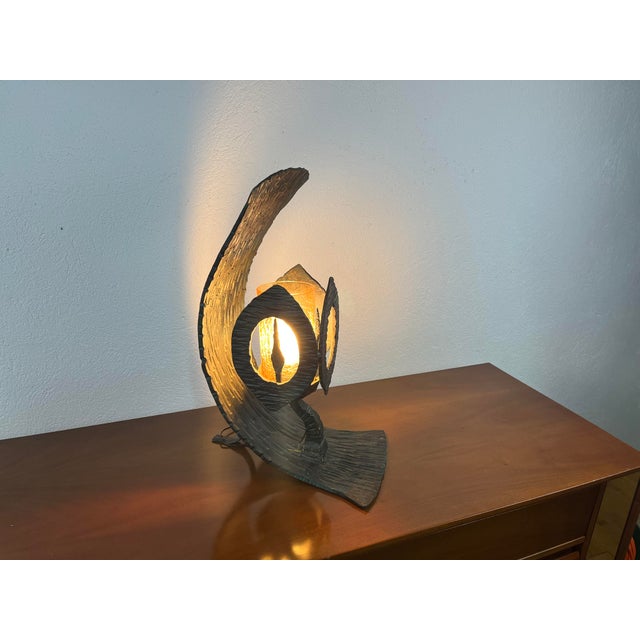 Finely crafted iron table lamp with a yellow crackle glass shade in a Brutalist style, made in Italy in the 1960s. The...