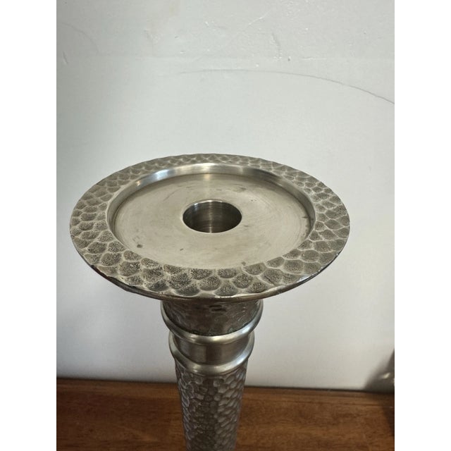 Vintage Hammered Metal Tall Taper Candle Holder Candlestick Silver Tone Decor For Sale In Philadelphia - Image 6 of 11