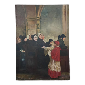 Antique Folk Art Church Scene After Dagnan Bouveret by f.m. Kingsley, Signed (1893, Oil on Canvas)