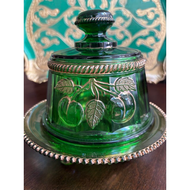 Dark Green Antique Northwood Glass Co. Green Glass Eapg Gilt Trim Butter/Cheese 7”x7” For Sale - Image 8 of 8
