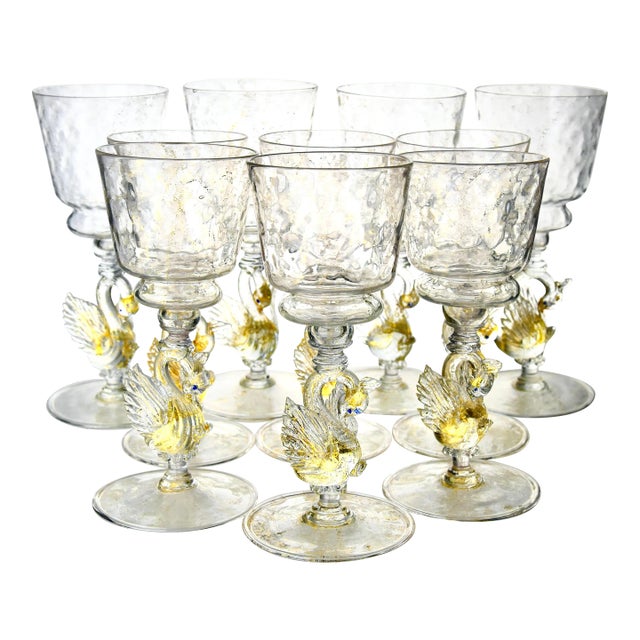 Vintage Mid 20th Century Hand Blown Venetian Glass Goblets- Set of 10 For Sale