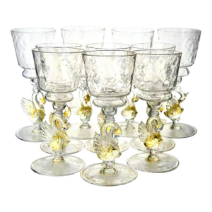 Vintage Mid-Century Hand Blown Venetian Glass Goblets- Set of 10