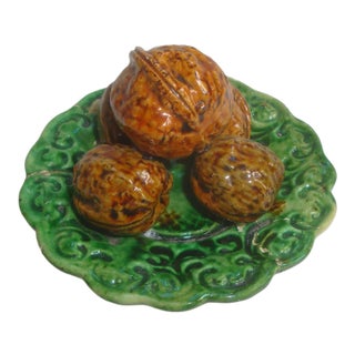 Antique Majolica Trompe l'Oeil Walnut Plate For Sale