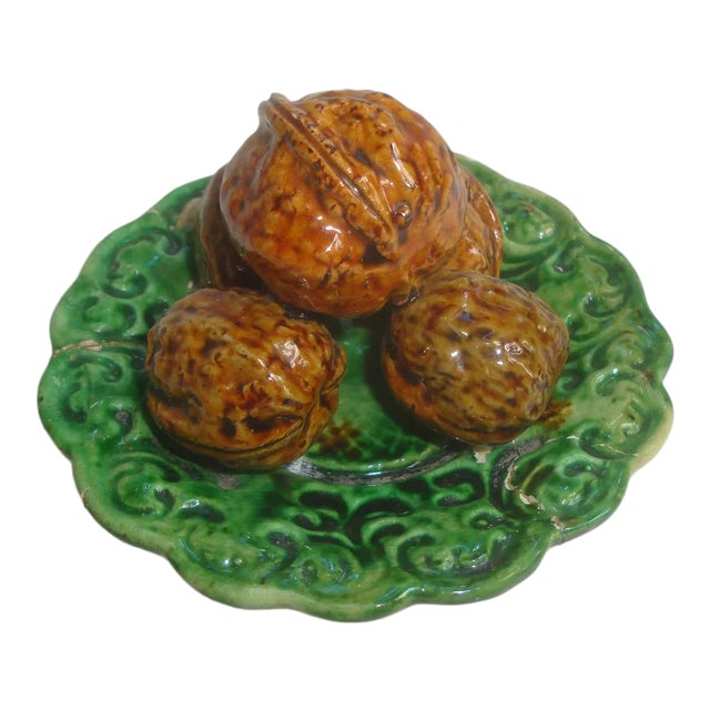 Antique Majolica Trompe l'Oeil Walnut Plate For Sale