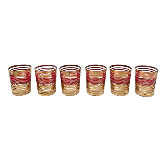 Bohemian Czech Glass Tumblers Set of 6 Cranberry Floral Gold Vintage For Sale - Image 4 of 7
