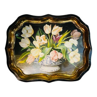 Vintage English Tole Table Tray by Keller Charles, French Tulips and Chinoiserie Cachepot by Galley For Sale