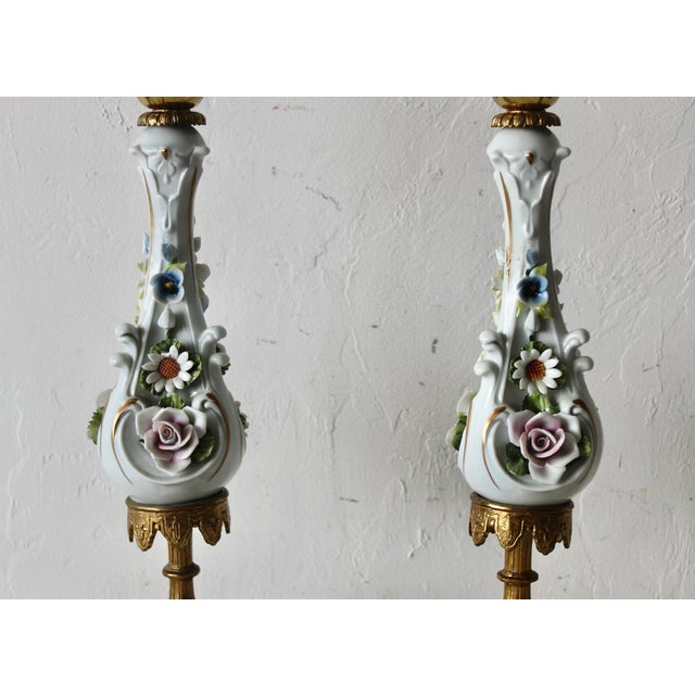 Metal Vintage FBAI Italian Porcelain Brass Hand Crafted Flower Details Table Lamps- A Pair For Sale - Image 7 of 10